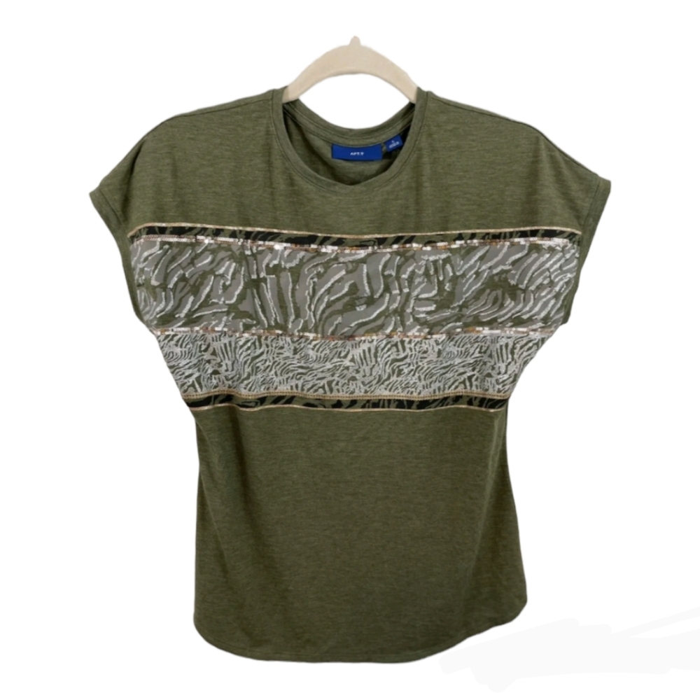 Apt. 9 Top Size XL Women Olive Short Sleeve Animal Pattern Sequin Glitter